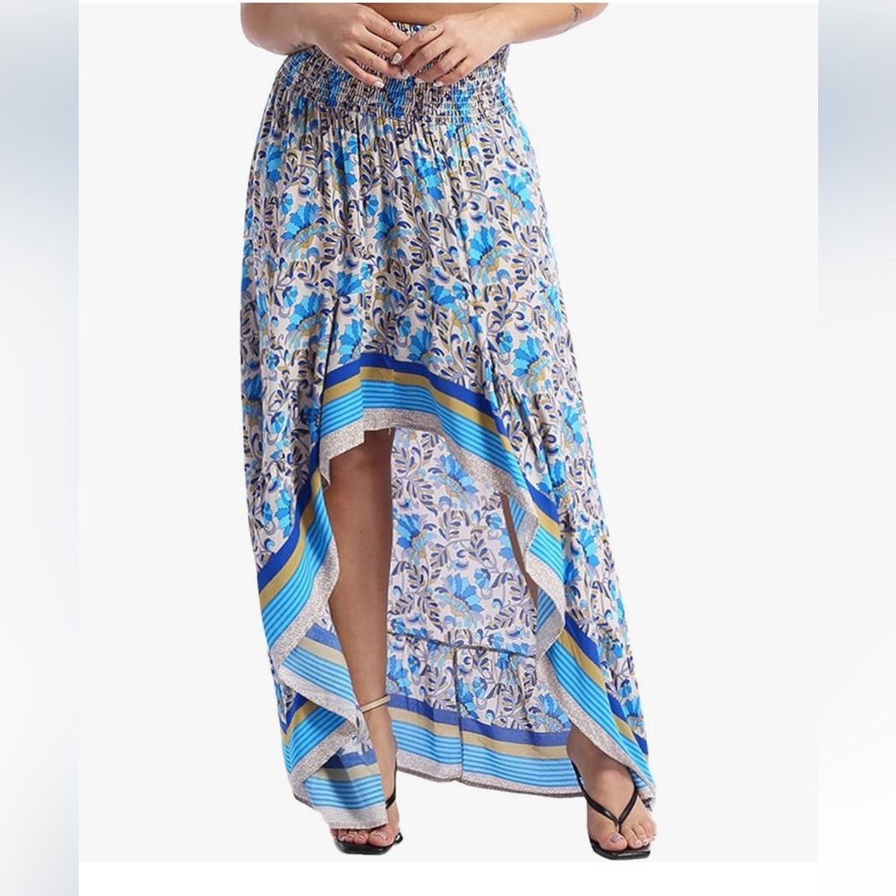 Boho Blue Floral Asymmetrical High-Low Maxi Skirt Festival Boho Aesthetic